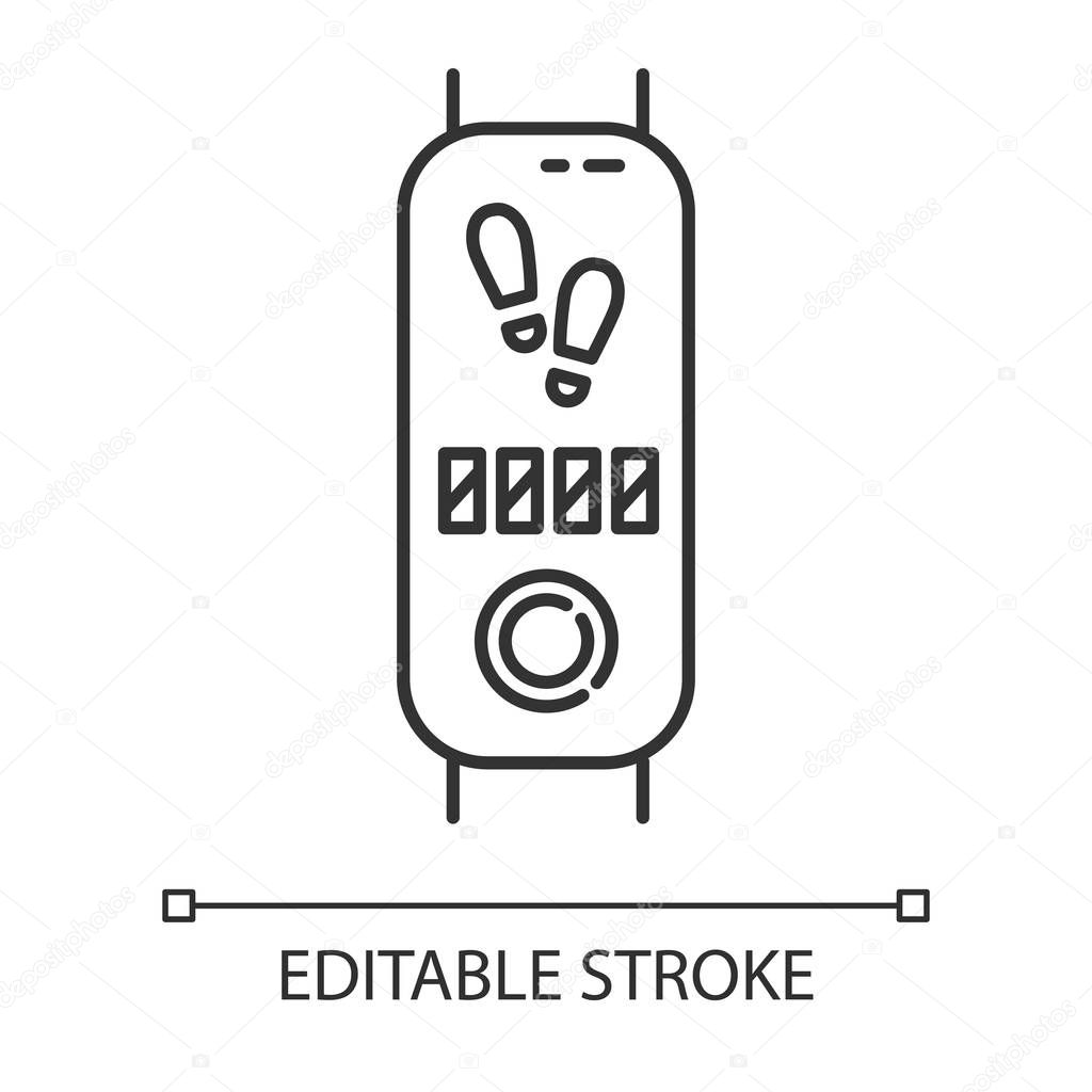 Fitness tracker with step counter linear icon. Thin line illustration. Wellness device with pedometer. Active lifestyle gadget. Contour symbol. Vector isolated outline drawing. Editable stroke