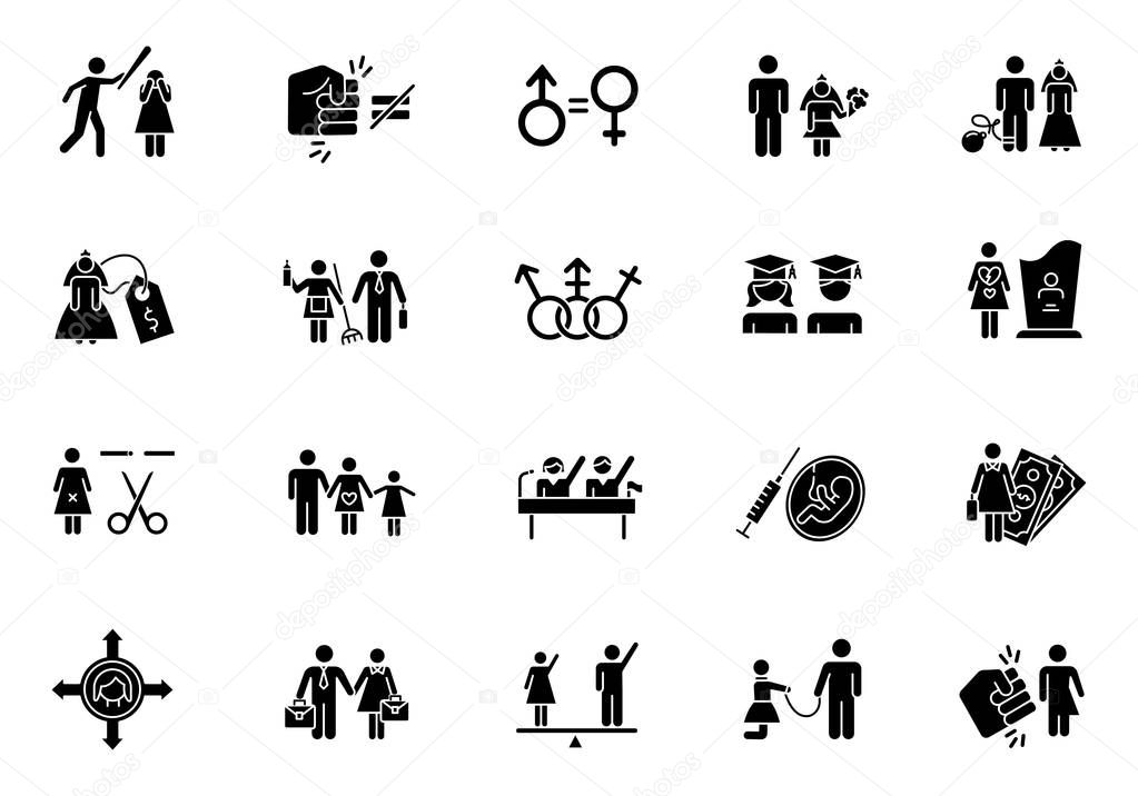 Gender equality glyph icons set. Woman, man right. Sexual slavery. Female economic activity. Transgender people. Employment, politics. Family planning. Silhouette symbols. Vector isolated illustration