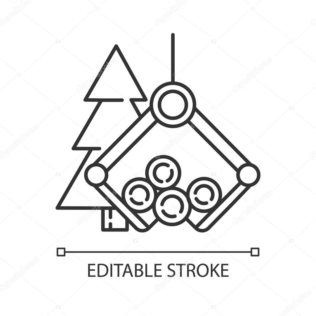 Timber industry linear icon. Logging sector. Wood production. Heavy lifting crane loading spruce logs. Thin line illustration. Contour symbol. Vector isolated outline drawing. Editable stroke