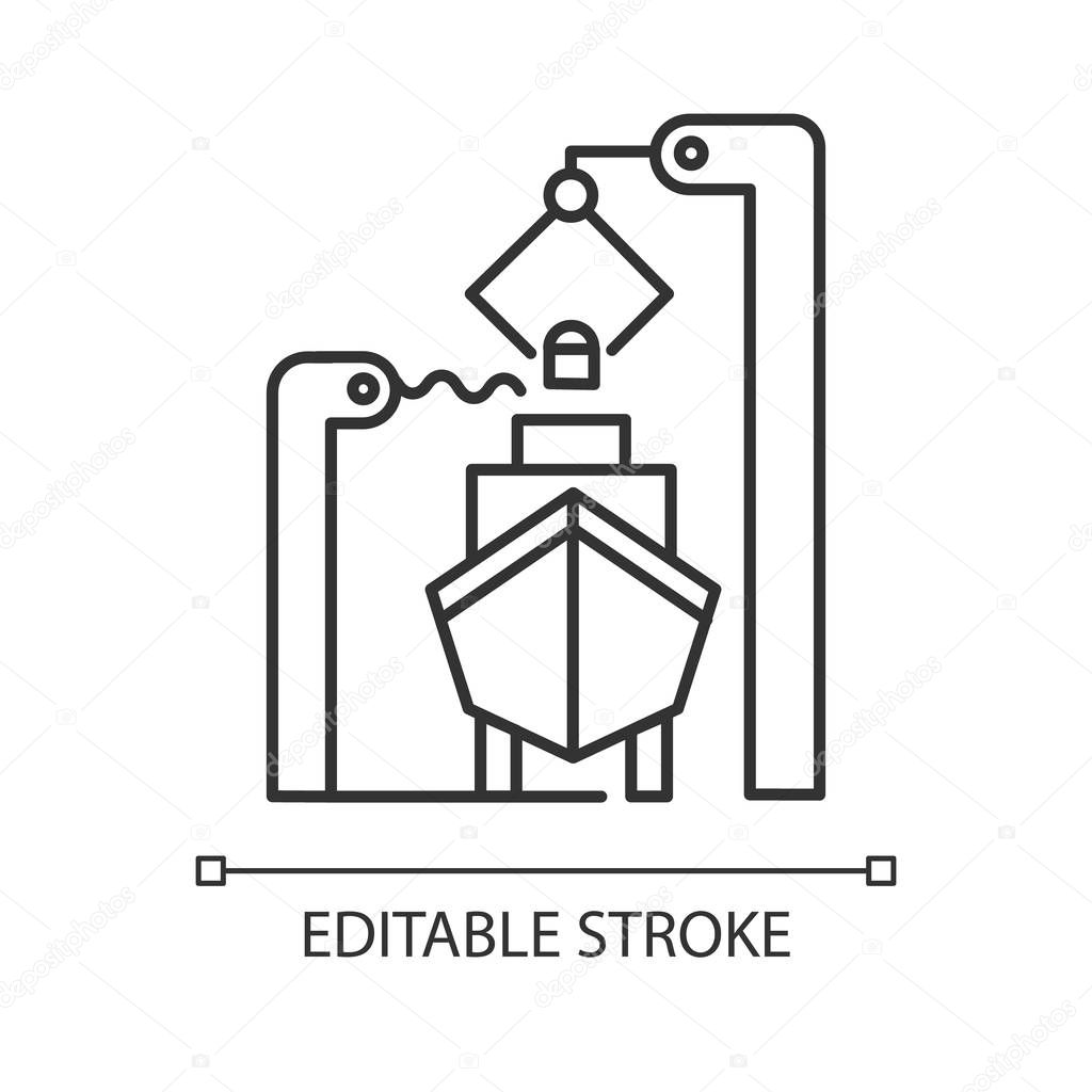 Shipbuilding industry linear icon. Ship fixing and repairing. Nautical vehicle technical construction. Thin line illustration. Contour symbol. Vector isolated outline drawing. Editable stroke