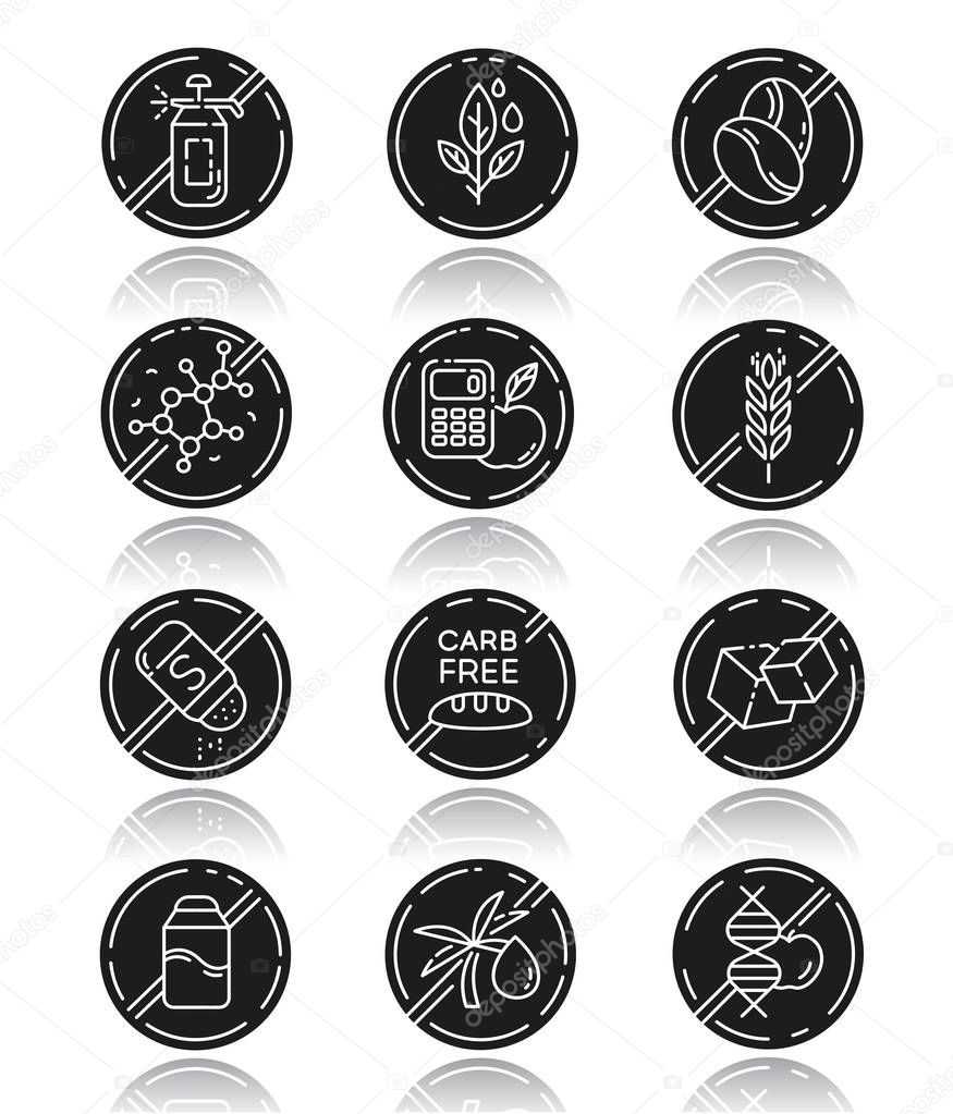 Product free ingredient drop shadow black glyph icons set. No paraben, pesticide, lactose. Organic food, healthy eating. Dietary without allergens and sweeteners. Isolated vector illustrations