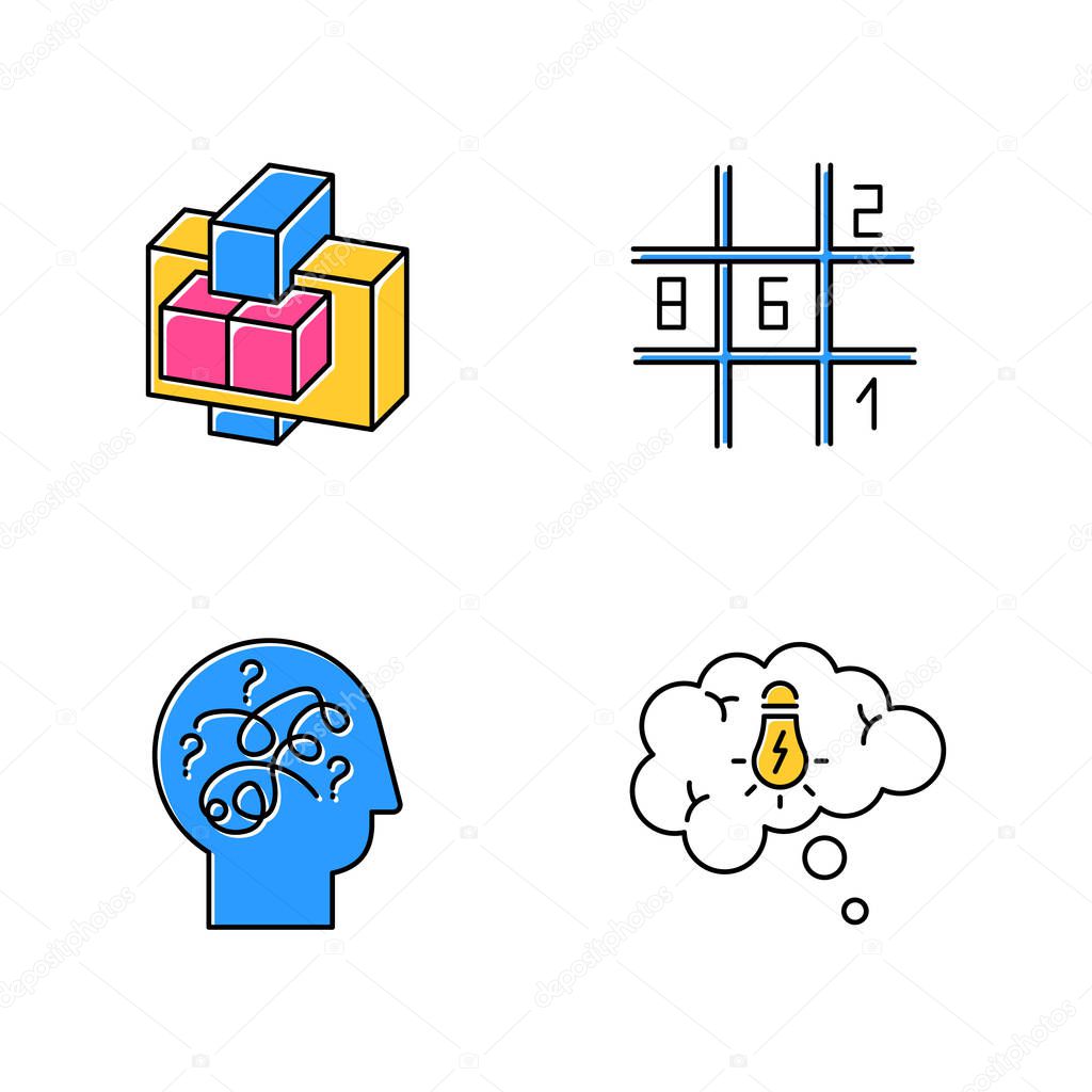Puzzles and riddles color icons set. Sudoku. Puzzled mind. Problem solving process. Thought bubble. Mechanical puzzles. Logic games. Mental exercise. Brain teaser. Isolated vector illustration