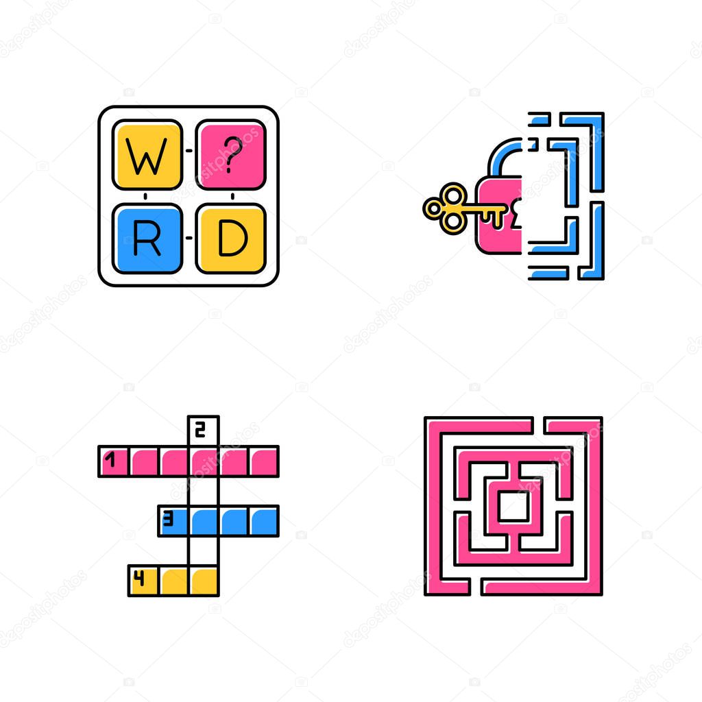 Puzzles and riddles color icons set. Missing letter game. Maze, labirynth. Crossword. Logic games. Mental exercise. Challenge. Brain teaser. Solution finding. Isolated vector illustrations