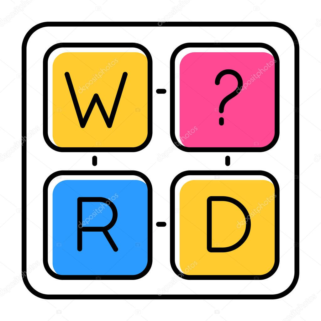 Missing letter puzzle color icon. Word game. Mental exercise. Challenge. Language, vocabulary, intelligence test. Brain teaser. Problem solving. Solution finding. Isolated vector illustration