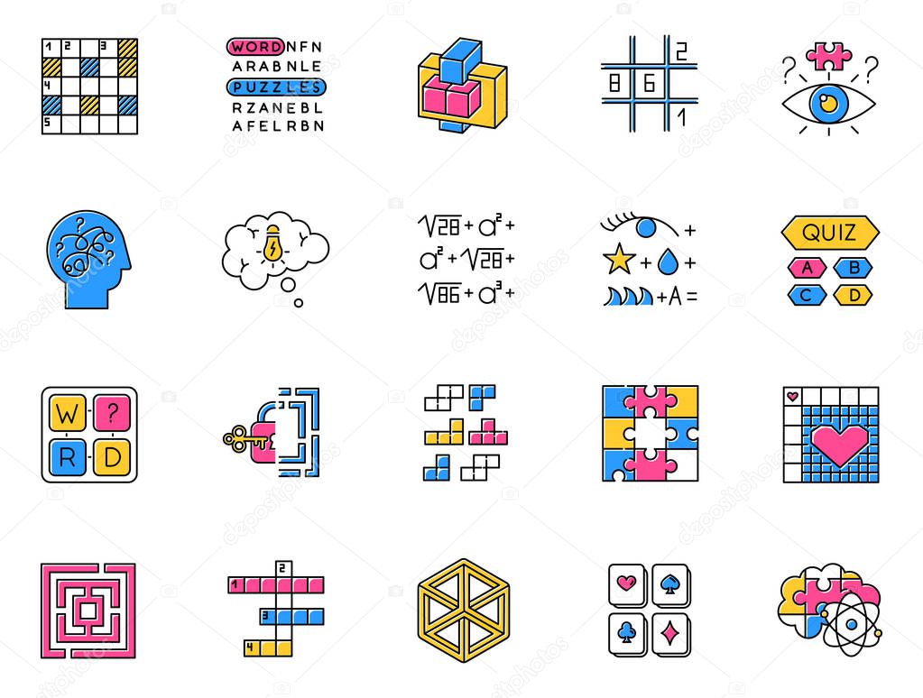 Puzzles and riddles color icons set. Mental exercise. Challenge. Language, vocabulary, intelligence test. Brain teaser. Problem solving. Solution finding. Isolated vector illustrations