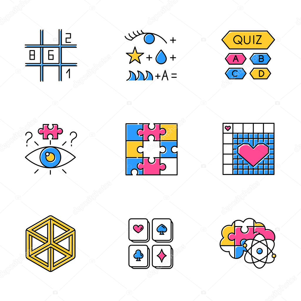 Puzzles and riddles color icons set. Sudoku. Trivia quiz. Nonogram. Optical illusion. Jigsaw. Logic games. Mental exercise. Challenge. Brain teaser. Solution finding. Isolated vector illustrations