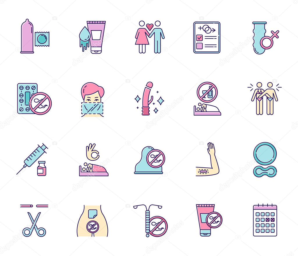 Safe sex color icons set. Condoms. Lubricant, spermicide. Female, male sterilisation. Couple, partner. Sober sex with consent. Contraceptive patch, device, ring. Isolated vector illustrations