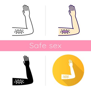 Contraceptive implant icon. Female preservative. Pregnancy prevention, birth control with medical procedure. Underskin input on arm. Flat design, linear and color styles. Isolated vector illustrations clipart