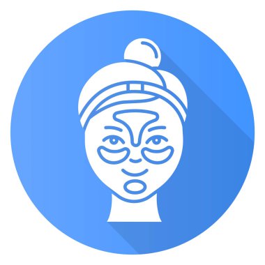 Hidrojel yaması uygulamak mavi düz dizayn uzun gölge simgesi. Deri bakımı prosedürü. Siyah noktalar çıkarılıyor. Jel maskeli yüz güzellik tedavisi. Yüz ürünü. Vektör silueti çizimi