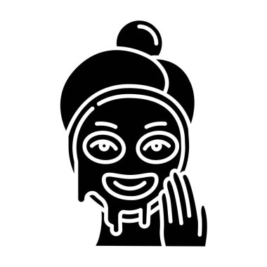 Sıvı maske sembolü uygulanıyor. Deri bakımı prosedürü. Yüz güzelliği tedavisi. Toplama ve deri yüzme ürünleri. Kozmetik, makyaj. Siluet sembolü. Boşluk yok. Vektör izole illüstrasyonu