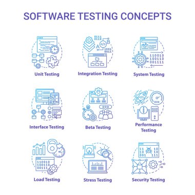 Yazılım test konsepti simgeleri ayarlandı. Sistem performans doğrulama fikri ince çizgi çizimleri. Program geliştirme aşamaları. Güvenilirlik, istikrar. Vektör izole çizimler. Düzenlenebilir vuruş