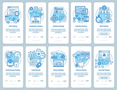 Mobil uygulama sayfa vektör şablonu üzerinde mavi yazılım denemesi. Performans analizi. Doğrusal çizimler içeren web sitesi adımları. Ux, Ui, Gui akıllı telefon arayüzü kavramı