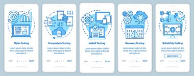 Mobil uygulama sayfa vektör şablonu üzerinde yazılım performansı testi. Kalite kontrolü. Doğrusal çizimler içeren web sitesi adımları. Ux, Ui, Gui akıllı telefon arayüzü kavramı