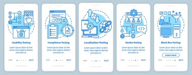 Mobil uygulama sayfa ekran şablonu üzerinde işlevsiz yazılım testi mavi. Kullanılabilirlik analizi. Doğrusal illüstrasyonlu web sitesi adımları. Ux, Ui, Gui akıllı telefon arayüzü kavramı