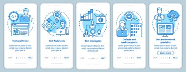 Mobil uygulama sayfa ekran şablonu üzerinde yazılım test rolleri mavi. Qulity kontrol uzmanları. Doğrusal çizimler içeren web sitesi adımları. Ux, Ui, Gui akıllı telefon arayüzü kavramı