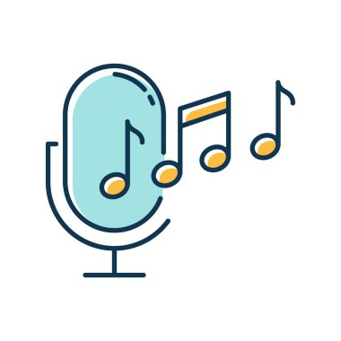 Mavi zil sesi tanıma renk simgesi. Melodi tanımı uygulama fikri. Ses kaydedildi. Mikrofon, notalar, müzik ekipmanları. Ses komutu. Profesyonel mikrofon. İzole vektör illüstrasyonu