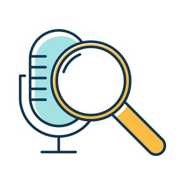 Mavi sesli arama komut renk simgesi. İyi fikir. Mikrofon ve büyüteç. Ses kaydedici, müzik ekipmanı. Çoklu ortam aracı, büyüteç. İzole vektör illüstrasyonu