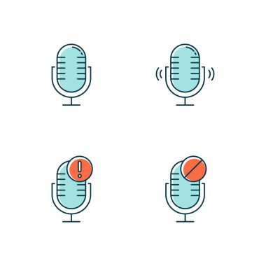 Mavi mikrofon bağlantı problemleri renk simgeleri ayarlandı. Ses kaydı hatası fikri. Ses kayıt cihazları. Podcast teknolojisi. Taşınabilir mikrofonlar. Hata bildirimi. İzole vektör çizimleri