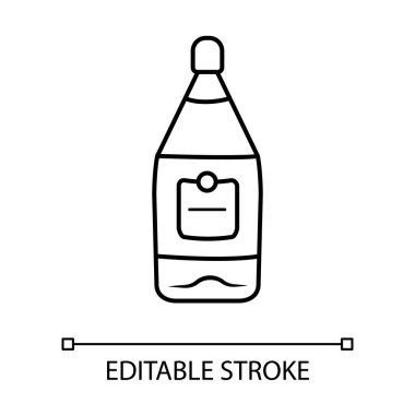 Cam şarap şişesi doğrusal ikon. Lüks alkollü içecek, içecek. Barda kırmızı şarap. İçmeyi tercih ederim. İnce çizgili çizim. Contour sembolü. Vektör izole çizim. Düzenlenebilir vuruş
