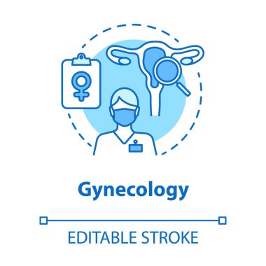 Jinekoloji konsepti ikonu. Kadın sağlık muayenesi fikri ince çizgi çizimi. Jinekolog, doktor, tarama. Kadın üreme sistemi, doğurganlık. Vektör izole çizim. Düzenlenebilir vuruş