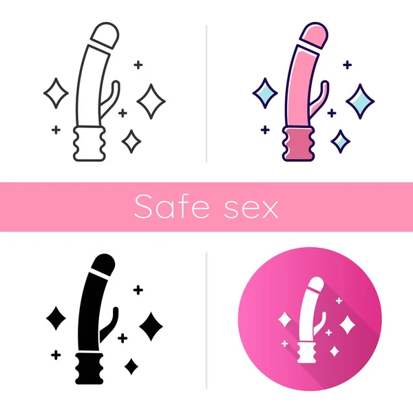 干净的性玩具图标 安全性行为 男性亲密卫生 消毒振动器 橡胶阴茎的性快感 情色游戏 平面设计 线性和彩色风格 孤立的病媒图解 — 图库矢量图片