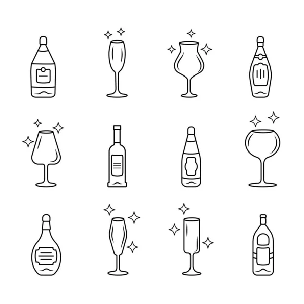 Alkoholgetränke Gläser Lineare Symbole Gesetzt Weinflaschen Kristallgläser Formen Sich Getränke — Stockvektor