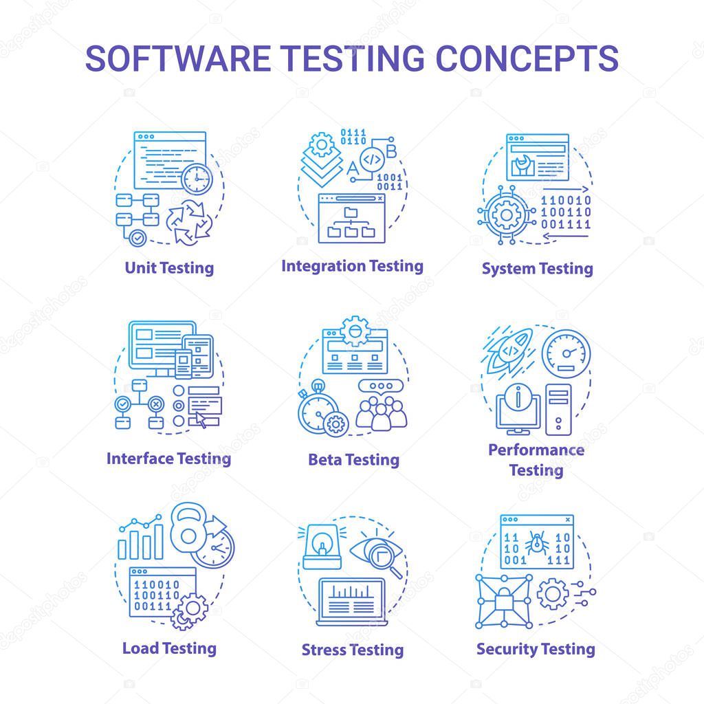 Software testing concept icons set. System perfomance verification idea thin line illustrations. Program development stages. Reliability, stability. Vector isolated outline drawings. Editable stroke
