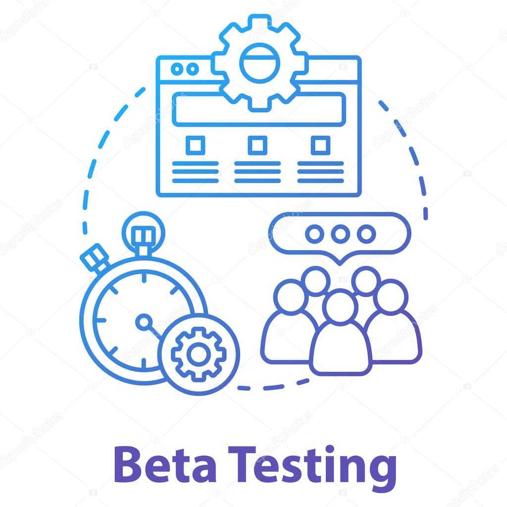 Beta testing concept icon. Software development stage idea thin line illustration. Application perfomance verification. IT project managment. App coding. Vector isolated outline drawing