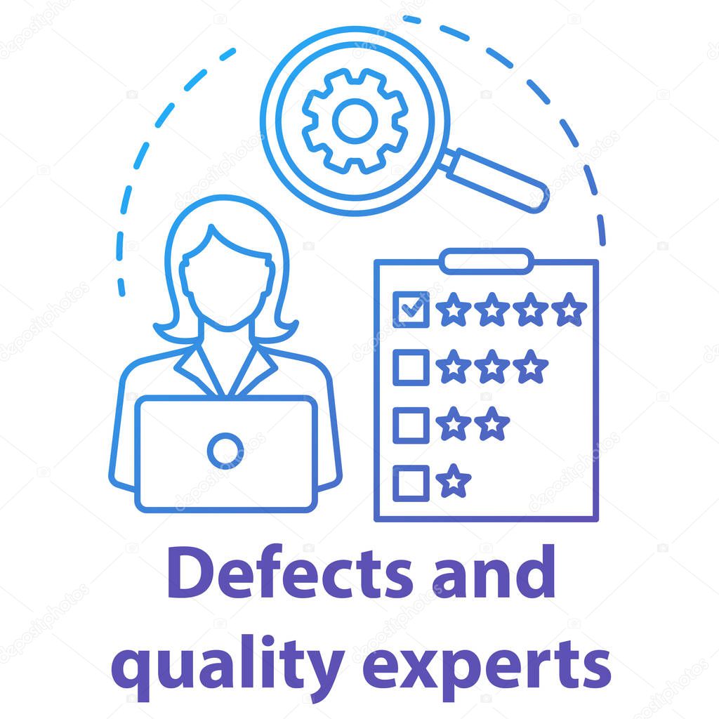 Defects and quality experts concept icon. Software development idea thin line illustration. Application programming specialist. IT project management. Vector isolated outline drawing