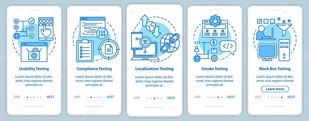 Non-functional software testing blue onboarding mobile app page screen vector template. Usability analysis. Walkthrough website steps with linear illustration. UX, UI, GUI smartphone interface concept