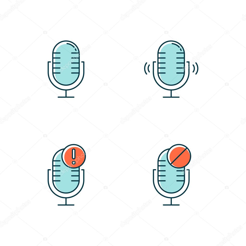 Blue microphone connection problems color icons set. Sound recording mistake idea. Voice record equipments. Podcast technology. Portable mics. Error notification. Isolated vector illustrations