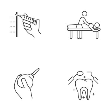 Tıbbi prosedür doğrusal simgeleri ayarlandı. Şırınga ile enjeksiyon. Kütle