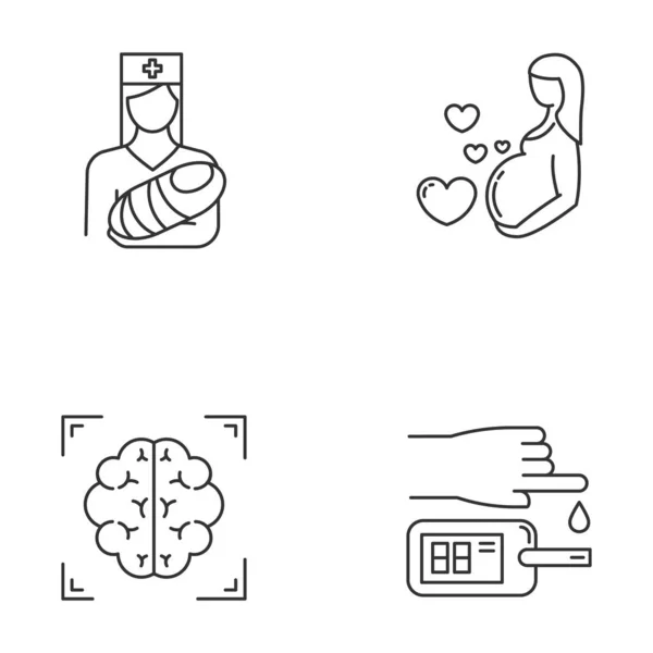 의학적 절차 선형 아이콘 설정. 소아 및 임신 자동차 — 스톡 벡터