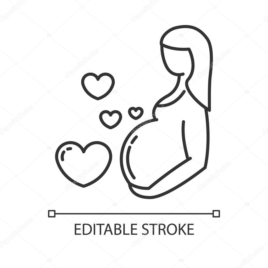 Pregnancy care linear icon. Prenatal period. Motherhood, parenthood. Expecting baby. Medical procedure. Thin line illustration. Contour symbol. Vector isolated outline drawing. Editable stroke