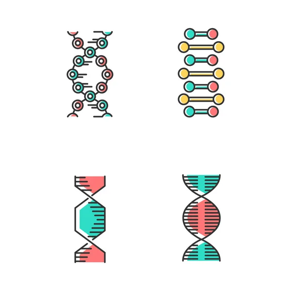 Dna spiralne łańcuchy kolorowe ikony zestaw. Dezoksyrybonukleinowe, nukleinowe aci — Wektor stockowy