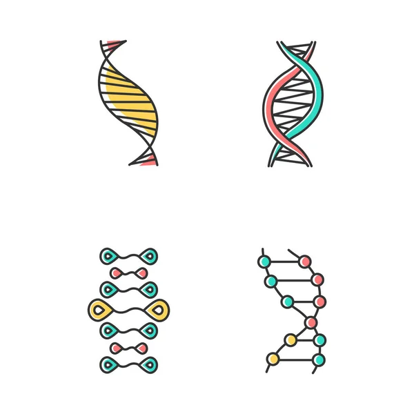 Fio de DNA conjunto de ícones de cor. ácido desoxirribonucleico, ácido nucléico heli — Vetor de Stock