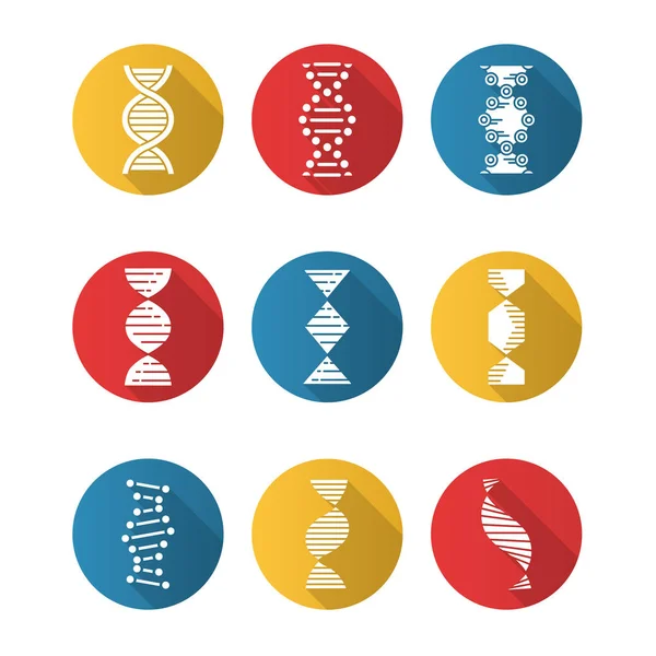 Dna spiralen flaches design lange schatten glyphen symbole gesetzt. Desoxyribonu — Stockvektor