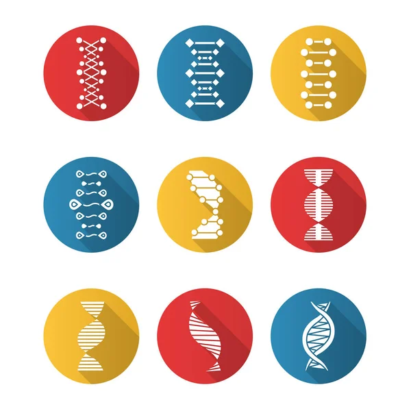 Dna double helix flat design long shadow glyph icons set. Desoxyr — Stockvektor