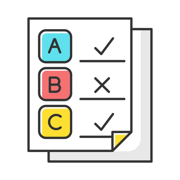 Icono de color de la encuesta escrita. Documentos de examen. Documento de prueba. Cuestionarios — Vector de stock