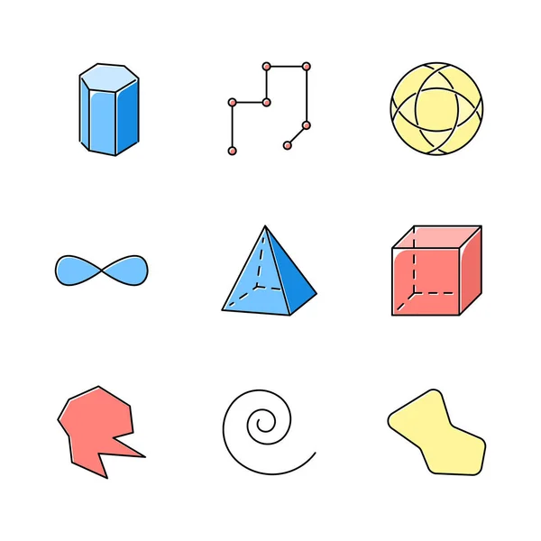 Figure geometriche set di icone a colori. Modello di Prisma. Linee collegate — Vettoriale Stock