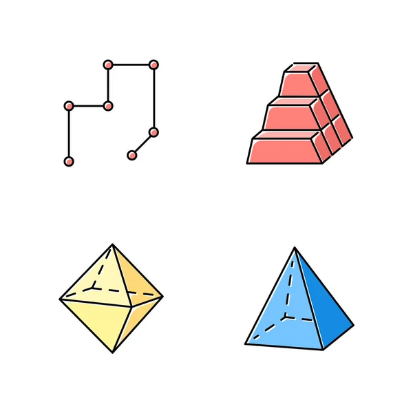 Figuras geométricas iconos de color conjunto. Líneas conectadas con puntos . — Vector de stock