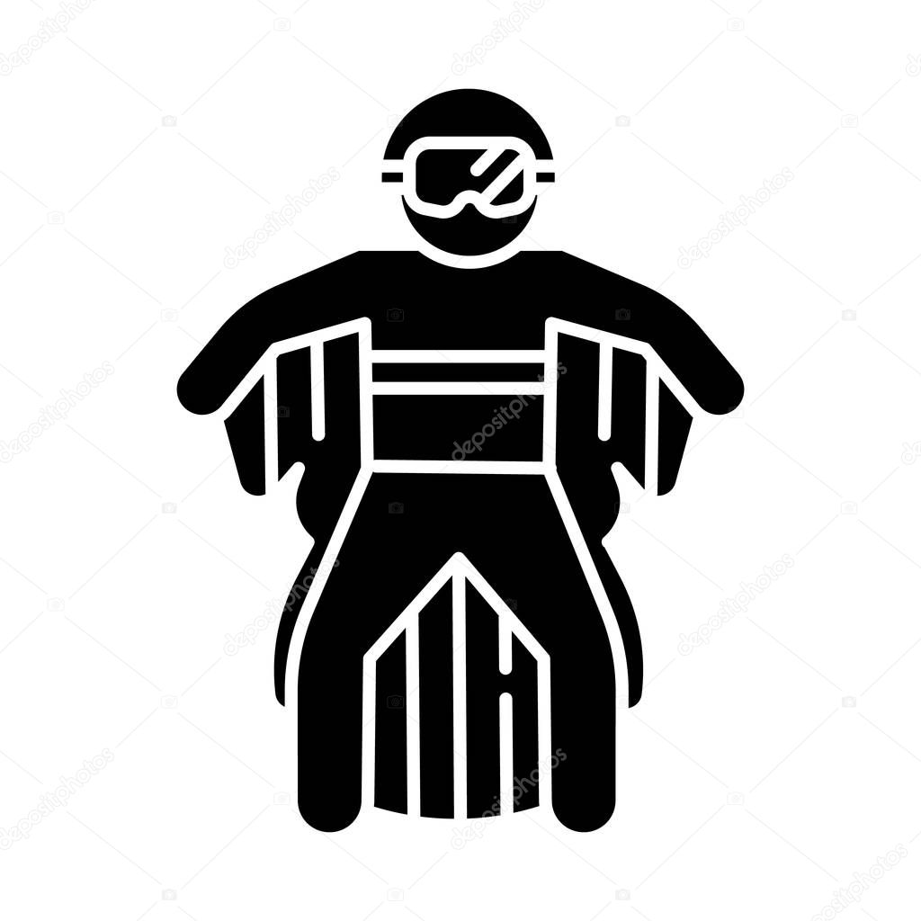 Wingsuit flying glyph icon. Skydiver jumping with wing suit. Sky