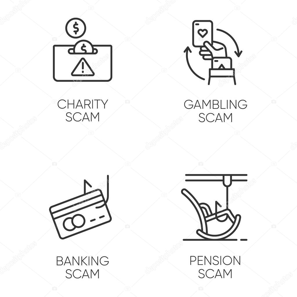 Scam types linear icons set. Charity, pension fraudulent scheme. Gambling, banking trick. Financial scamming. Thin line contour symbols. Isolated vector outline illustrations. Editable stroke
