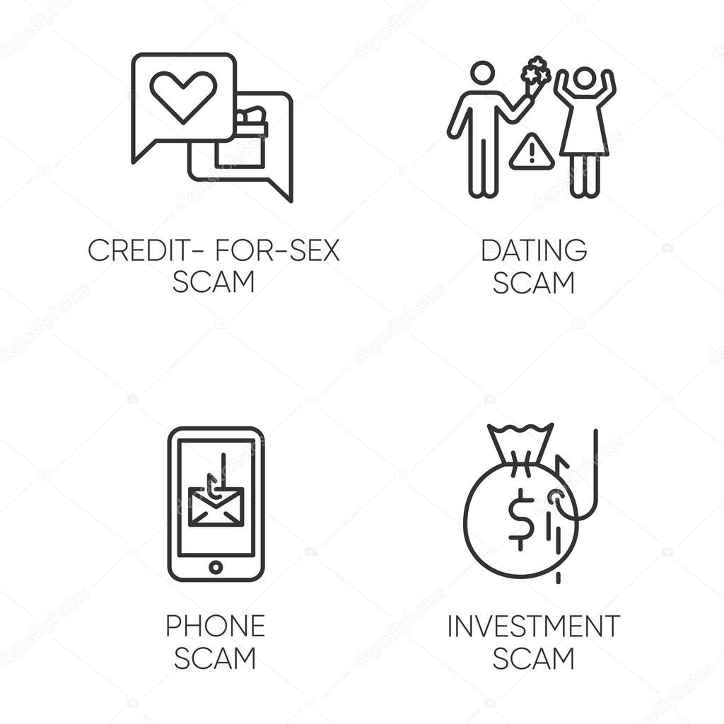Scam types linear icons set. Credit-for-sex fraudulent scheme. Phone, smishing trick. Online dating fraud. Thin line contour symbols. Isolated vector outline illustrations. Editable stroke