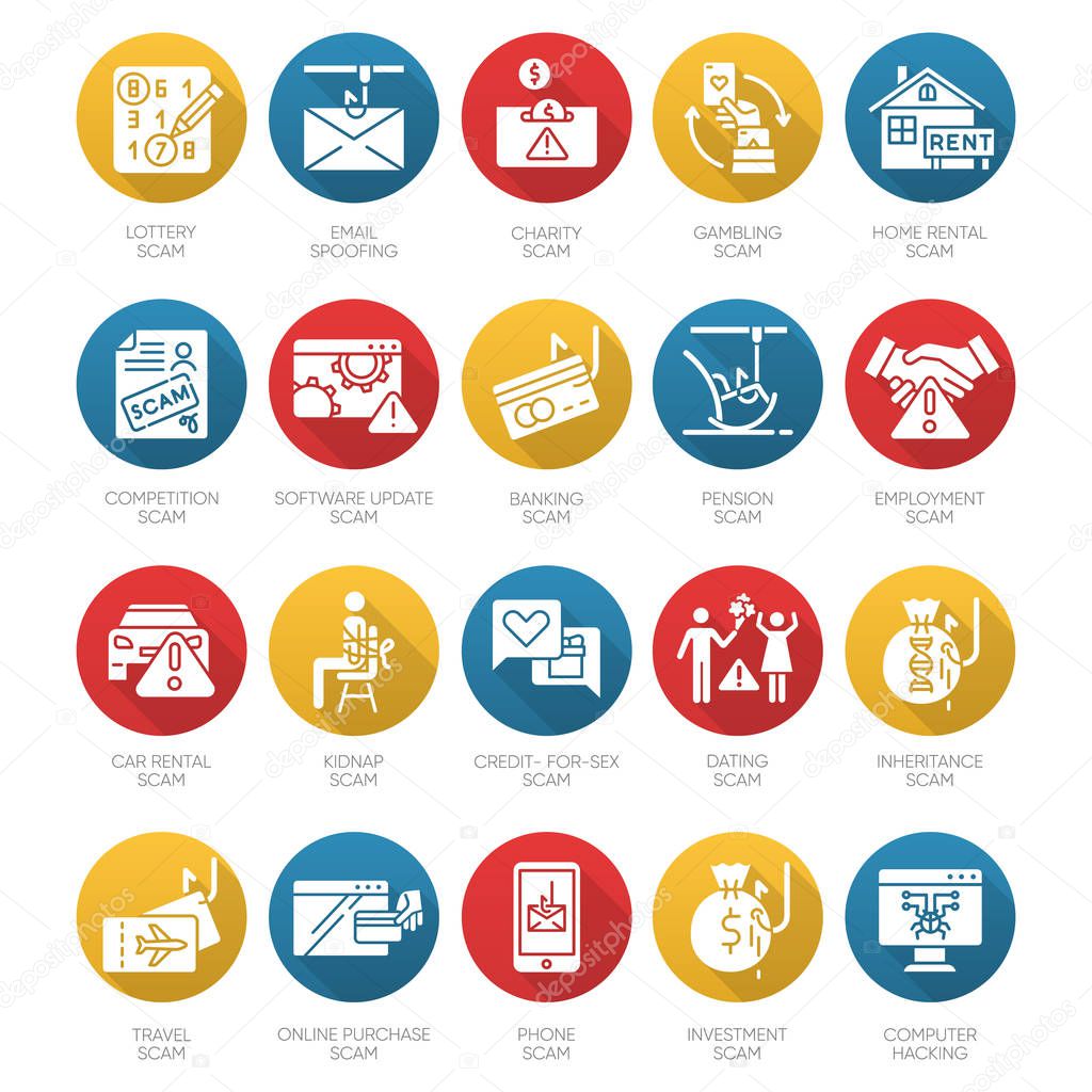 Scam types flat design long shadow glyph icons set. Malware. Investment, rental schemes. Phishing tricks. Cybercrime. Financial fraud. Illegal money gain. Vector silhouette illustration
