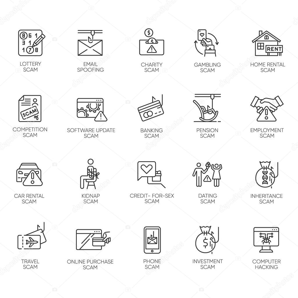 Scam types linear icons set. Malware. Investment, rental schemes. Phishing tricks. Cybercrime. Financial fraud. Thin line contour symbols. Isolated vector outline illustrations. Editable stroke