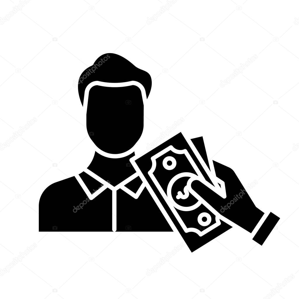 Borrowing cash glyph icon. Lending money. Pay for credit, loan. Man taking dollar banknotes. Managing finances and budget account. Silhouette symbol. Negative space. Vector isolated illustration