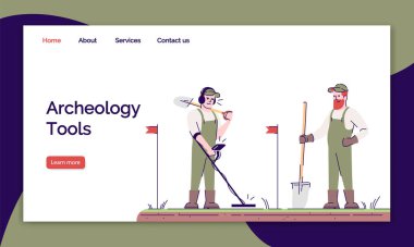 Arkeoloji araçları iniş sayfası vektör şablonu. Alan gözlem ağları