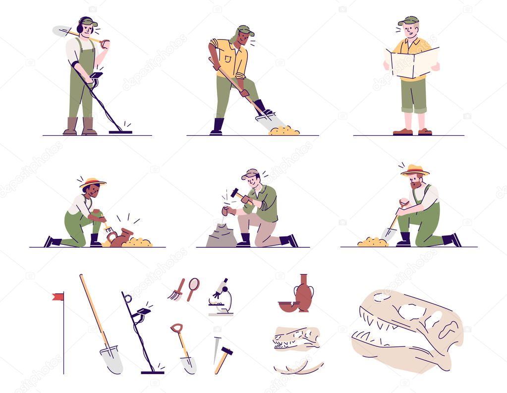 Archeology flat vector illustrations set. Historical researching
