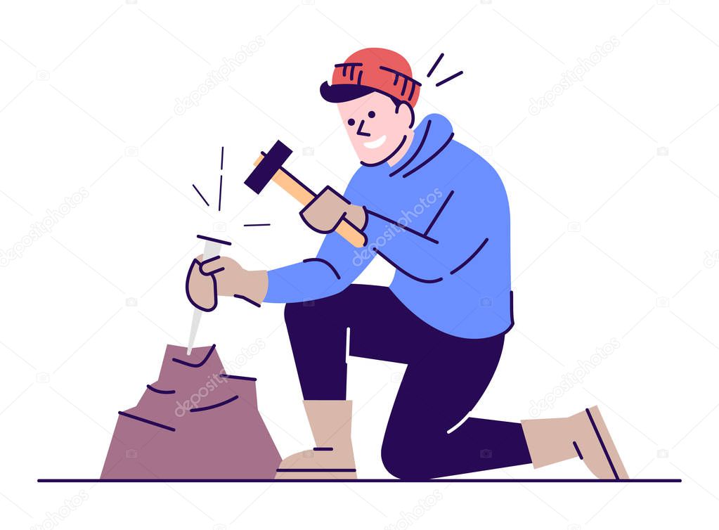 Man working with chisel and hammer flat vector illustration. Arc